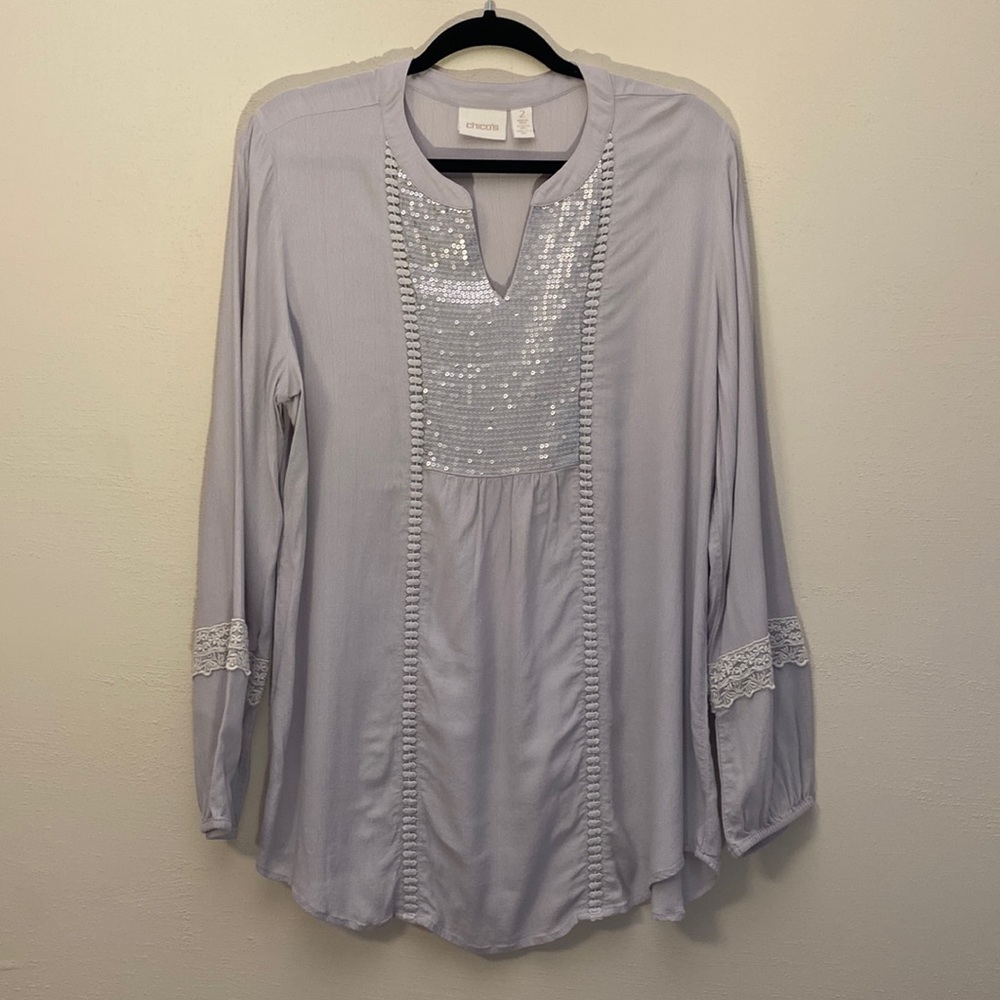 Chico’s Gray Sequins Detailed Women’s Blouse with Lace Detailed Sleeves